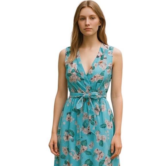 NEW Eva Franco/Anthropologie V-Neck Tie Waist Midi Olivia Dress S Blue Floral - Picture 1 of 15